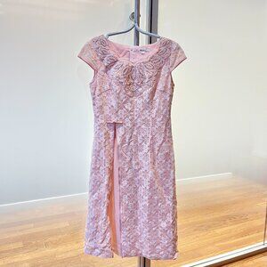 Pink Lace Beaded Neckline Qipao A Line Dress